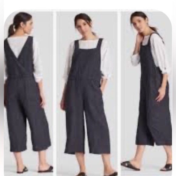 Eileen Fisher Charcoal Denim Linen cropped overalls Overalls in size large - Picture 1 of 9